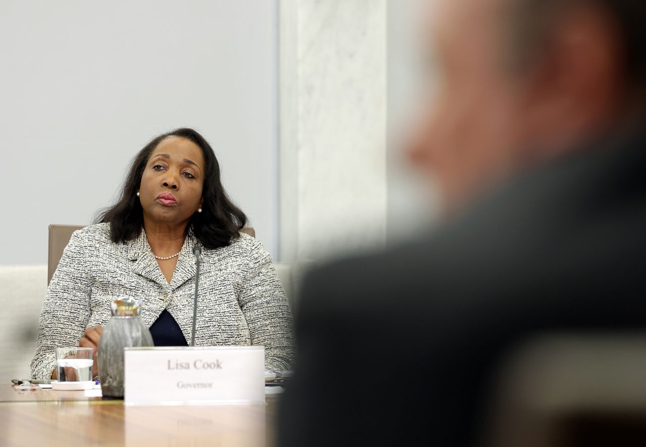 Federal Reserve Board Governor Lisa Cook participates in a board meeting at the Federal Reserve on March 19 in Washington, DC.