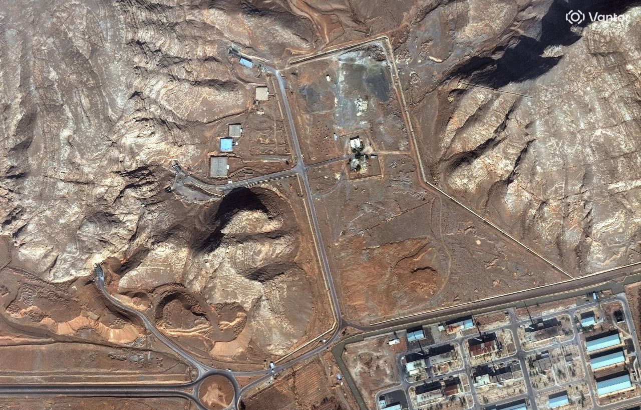 Satellite imagery shows an overview of a tunnel complex carved into rocky terrain near a developed facility area in Isfahan, Iran, on November 11, 2025.