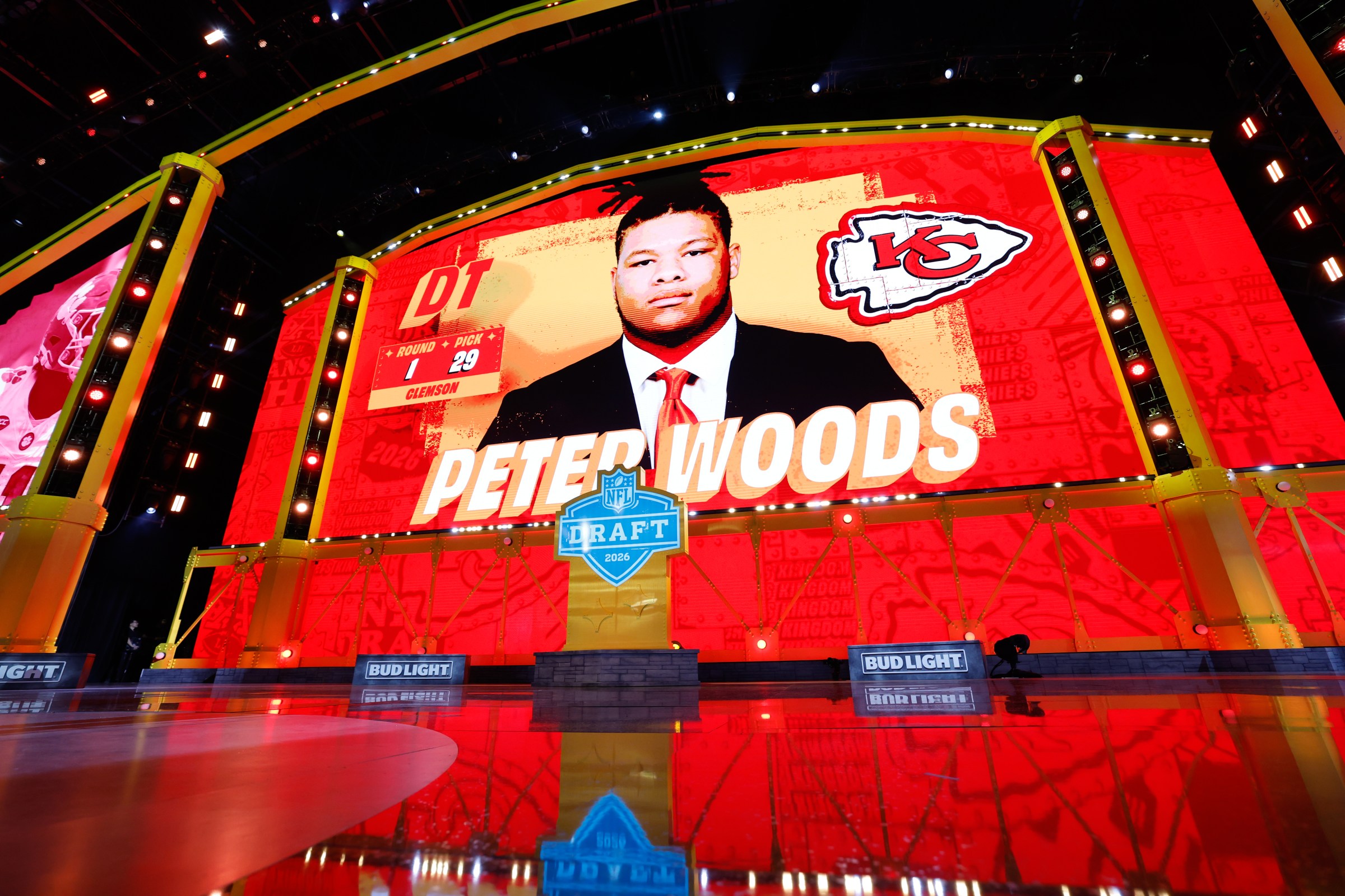 PITTSBURGH, PENNSYLVANIA - APRIL 23: A screen shows Peter Woods of Clemson after being selected 29th overall by the Kansas City Chiefs during Round One of the 2026 NFL Draft at Acrisure Stadium on April 23, 2026 in Pittsburgh, Pennsylvania. (Photo by Lauren Leigh Bacho/Getty Images)