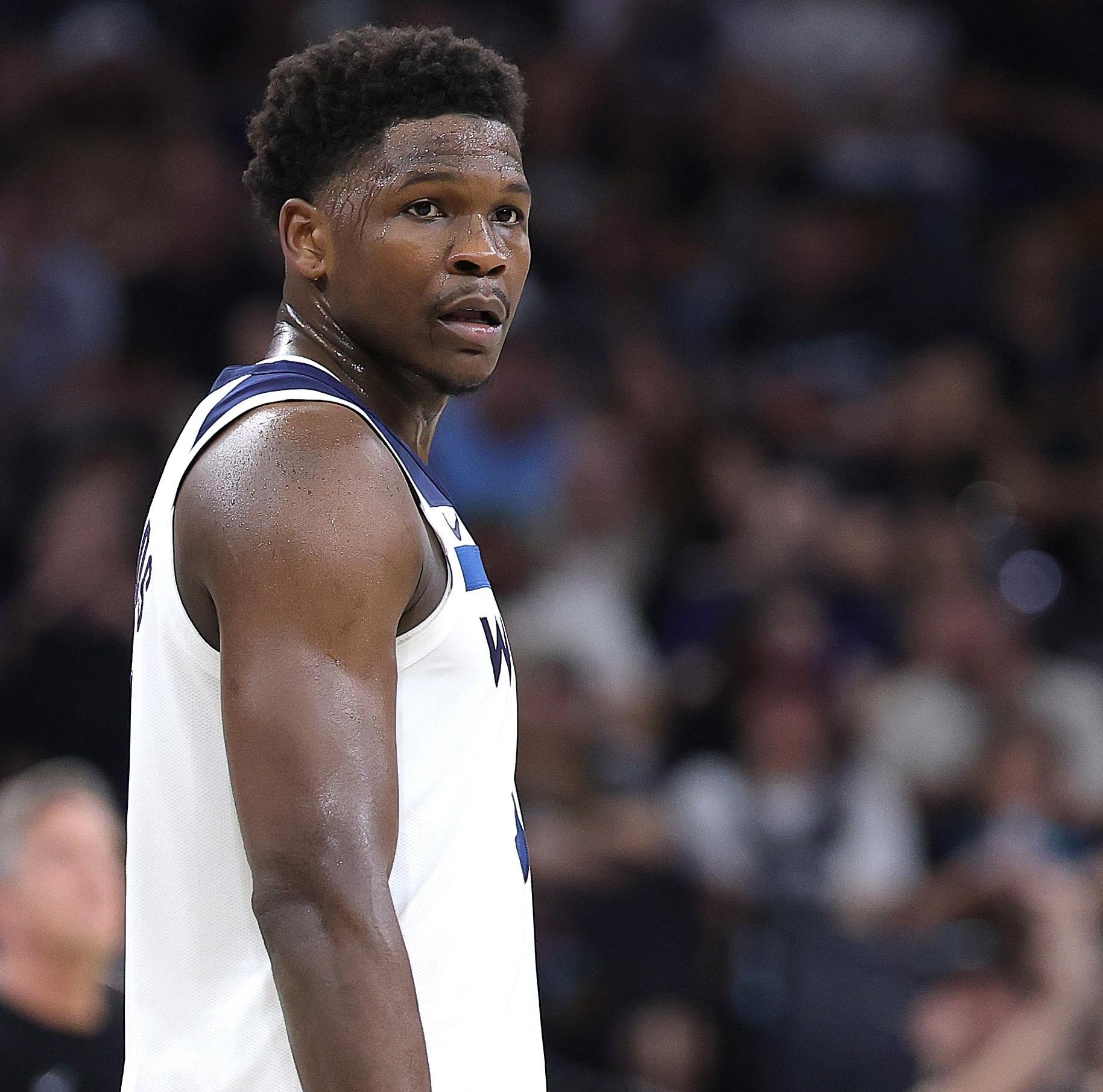 SAN ANTONIO, TEXAS - MAY 12: Anthony Edwards #5 of the Minnesota Timberwolves reacts during the second quarter against the San Antonio Spurs in Game Five of the Second Round of the NBA Western Conference Playoffs at Frost Bank Center on May 12, 2026 in San Antonio, Texas. NOTE TO USER: User expressly acknowledges and agrees that, by downloading and or using this photograph, User is consenting to the terms and conditions of the Getty Images License Agreement. (Photo by Alex Slitz/Getty Images)