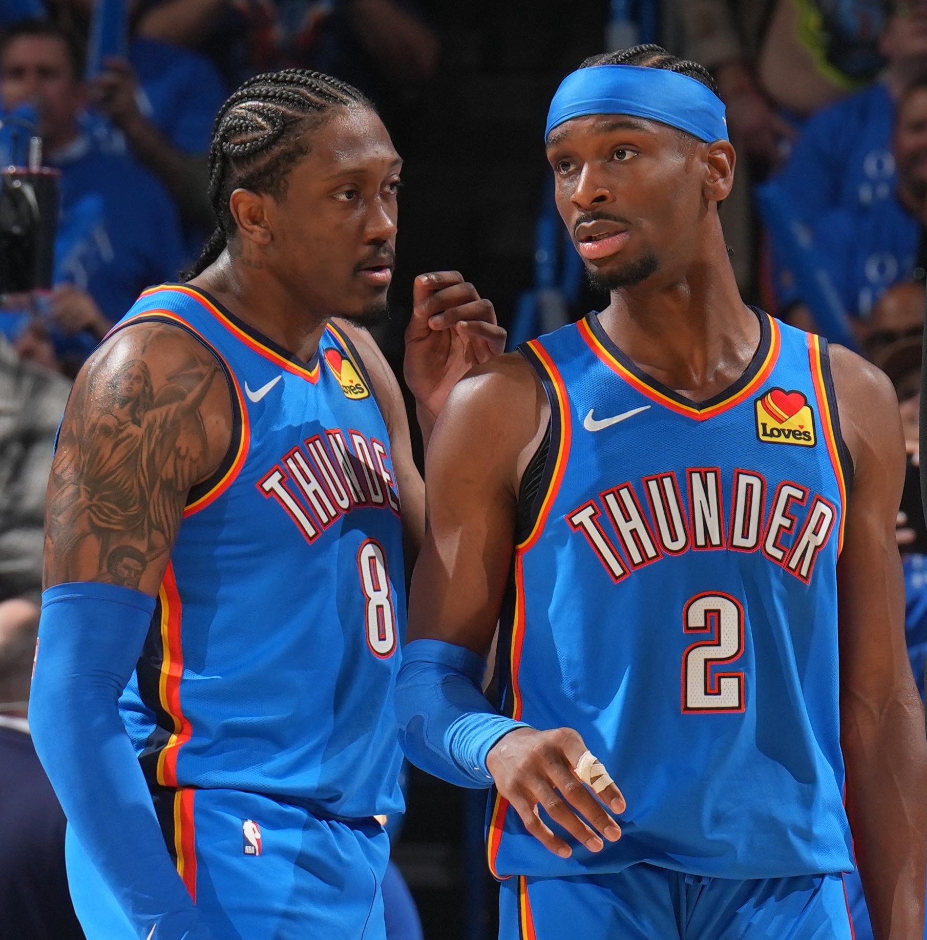 OKLAHOMA CITY, OK - MAY 18: Jalen Williams #8, Shai Gilgeous-Alexander #2 of the Oklahoma City Thunder and Victor Wembanyama #1 of the San Antonio Spurs look on during Game One of the NBA Western Conference Finals on May 18, 2026 at Paycom Center in Oklahoma City, Oklahoma. NOTE TO USER: User expressly acknowledges and agrees that, by downloading and or using this photograph, User is consenting to the terms and conditions of the Getty Images License Agreement. Mandatory Copyright Notice: Copyright 2026 NBAE (Photo by Jesse D. Garrabrant/NBAE via Getty Images)