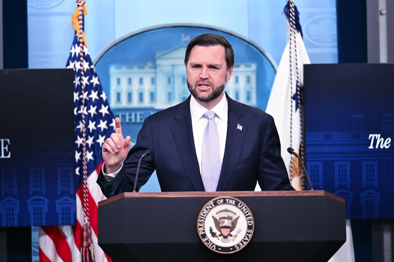 Vice President JD Vance speaks during a press briefing in the Brady Briefing Room of the White House in Washington, DC, on May 19