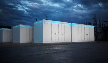 Battery packs from GM rendered against a darkened sky.