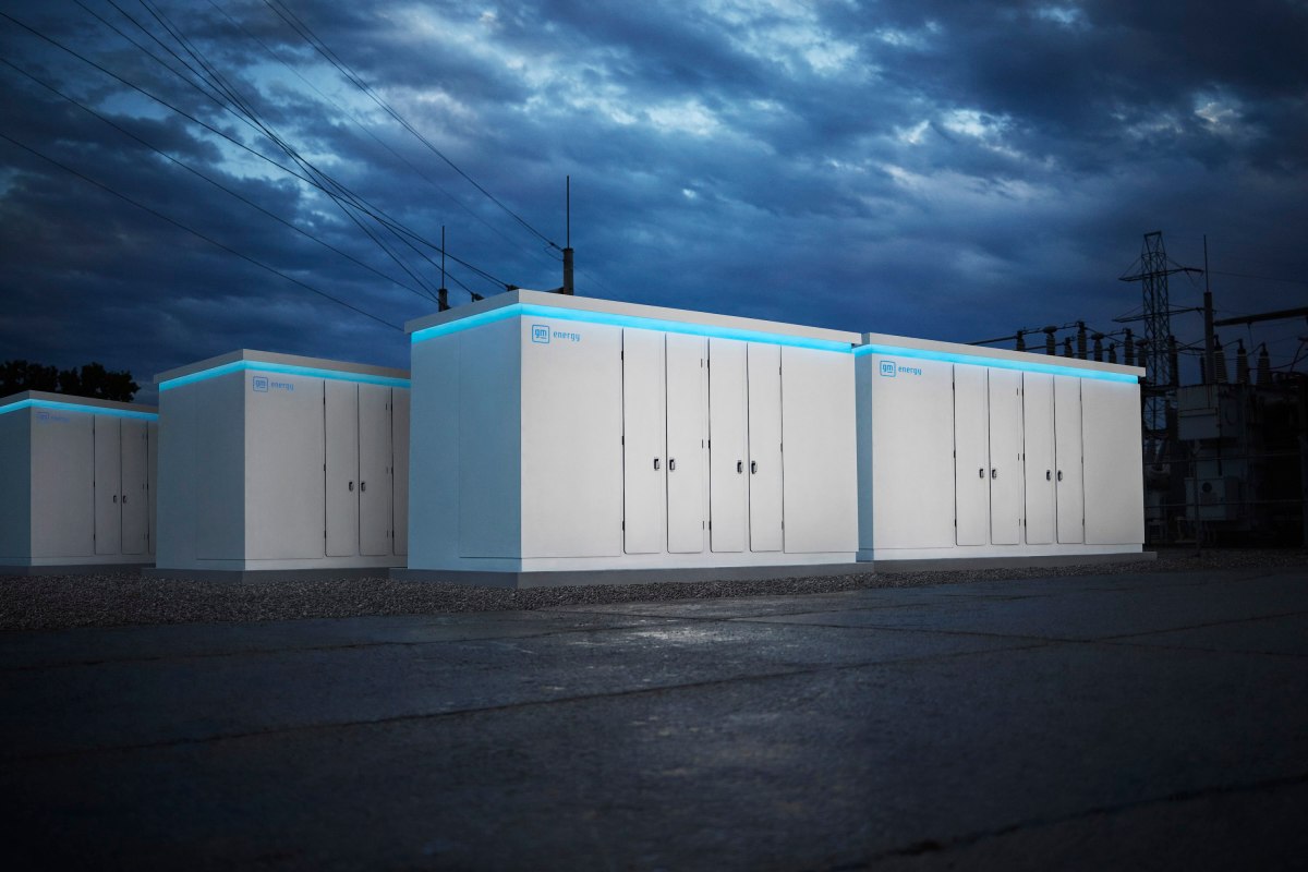 Battery packs from GM rendered against a darkened sky.