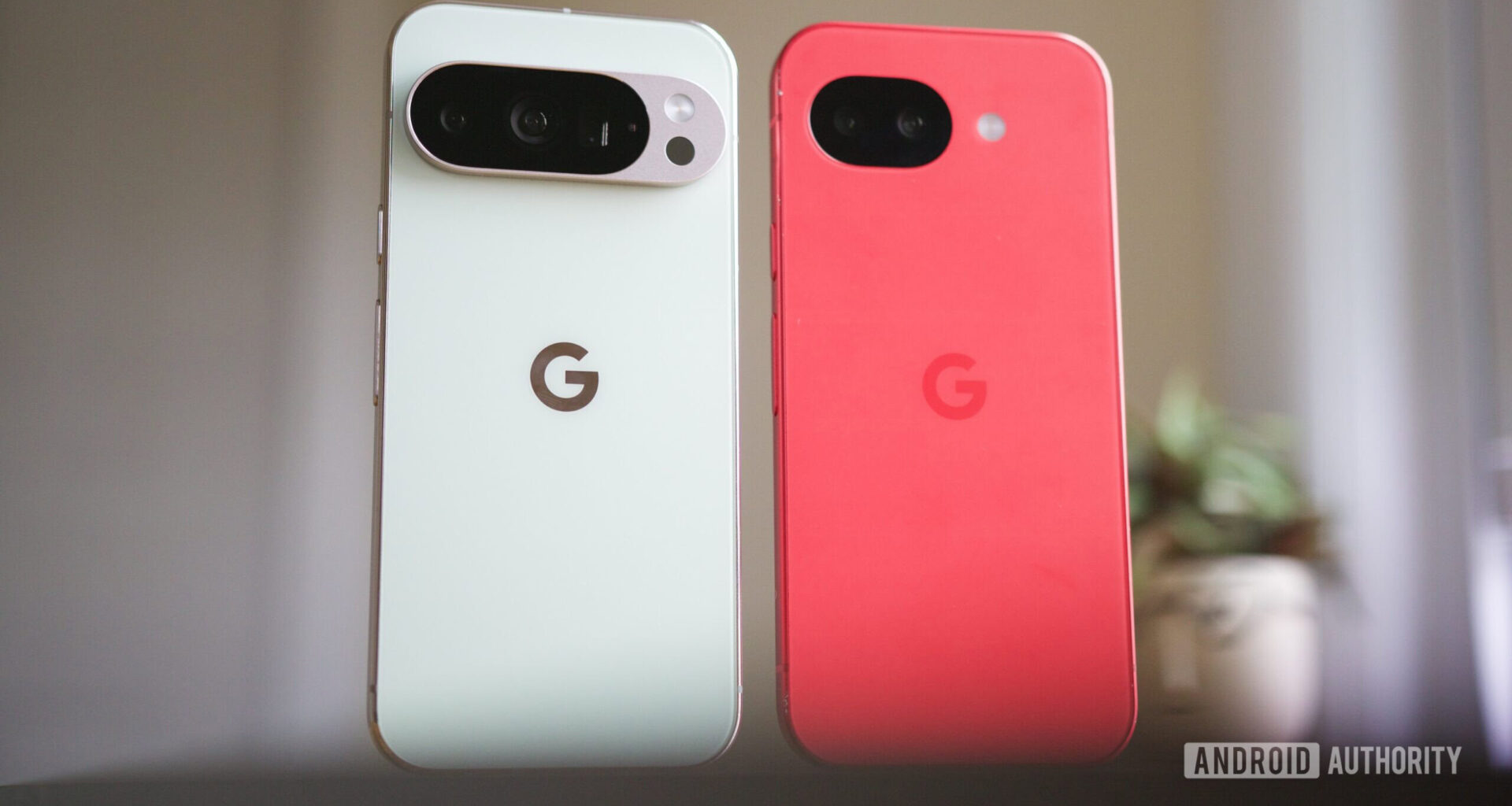 Google Pixel 10 Pro and Pixel 10a standing next to each other.