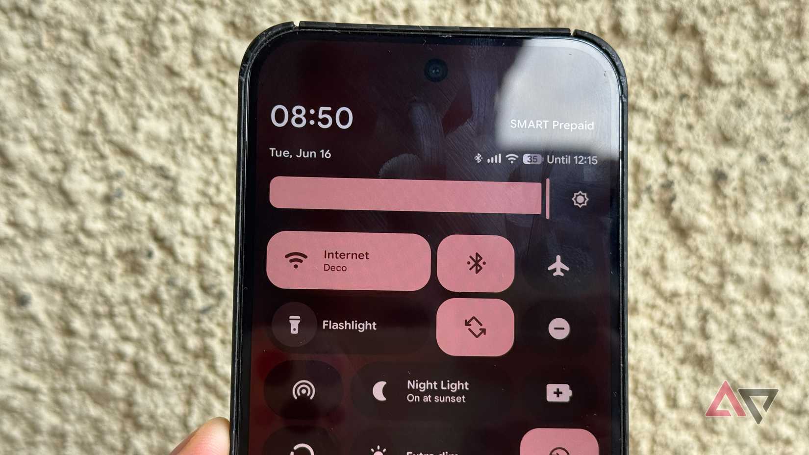 Quick settings on Google Pixel 9 Pro XL showing brightness adjuster not in fall even when under direct sunlight