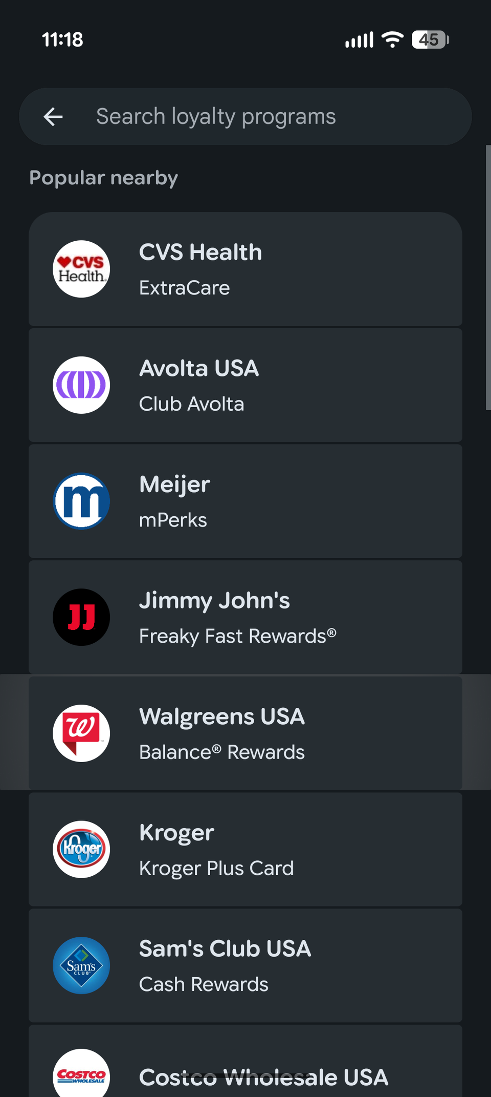 The list of compatible loyalty cards on Google Wallet.