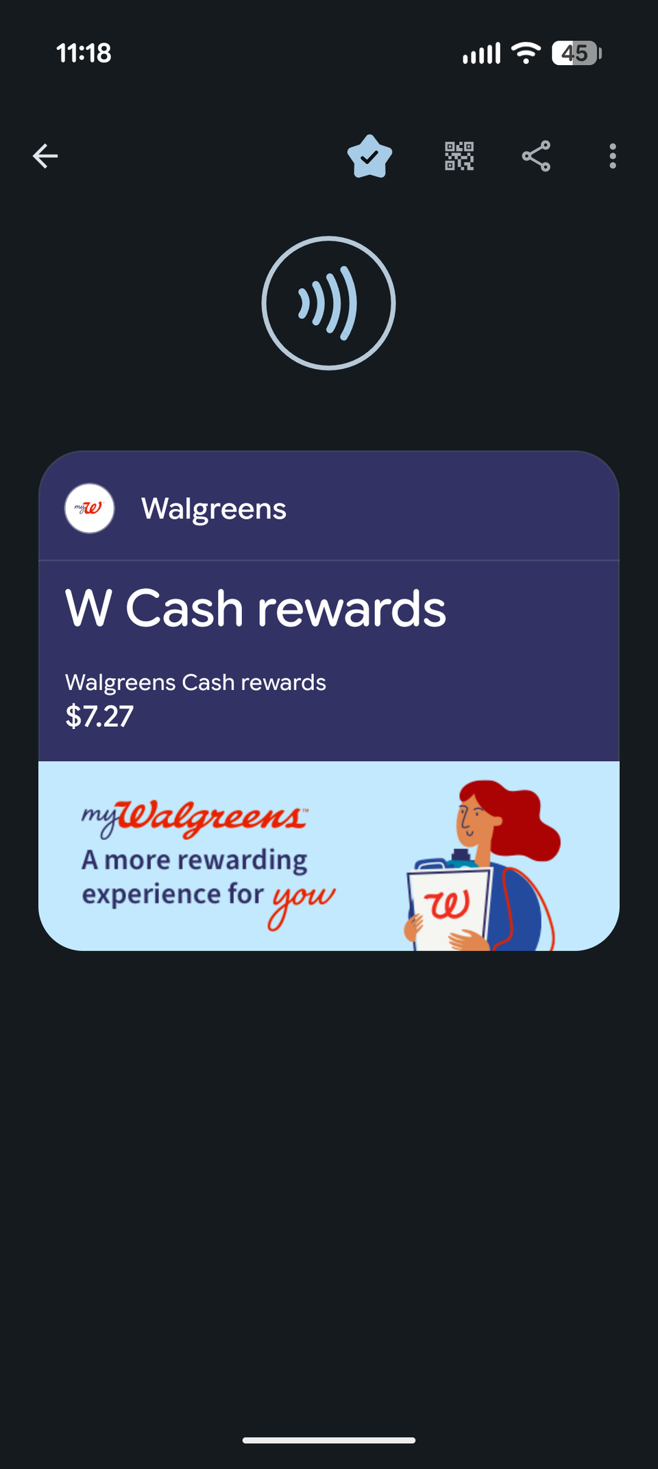 The Google Wallet interface with a Walgreens loyalty card selected.