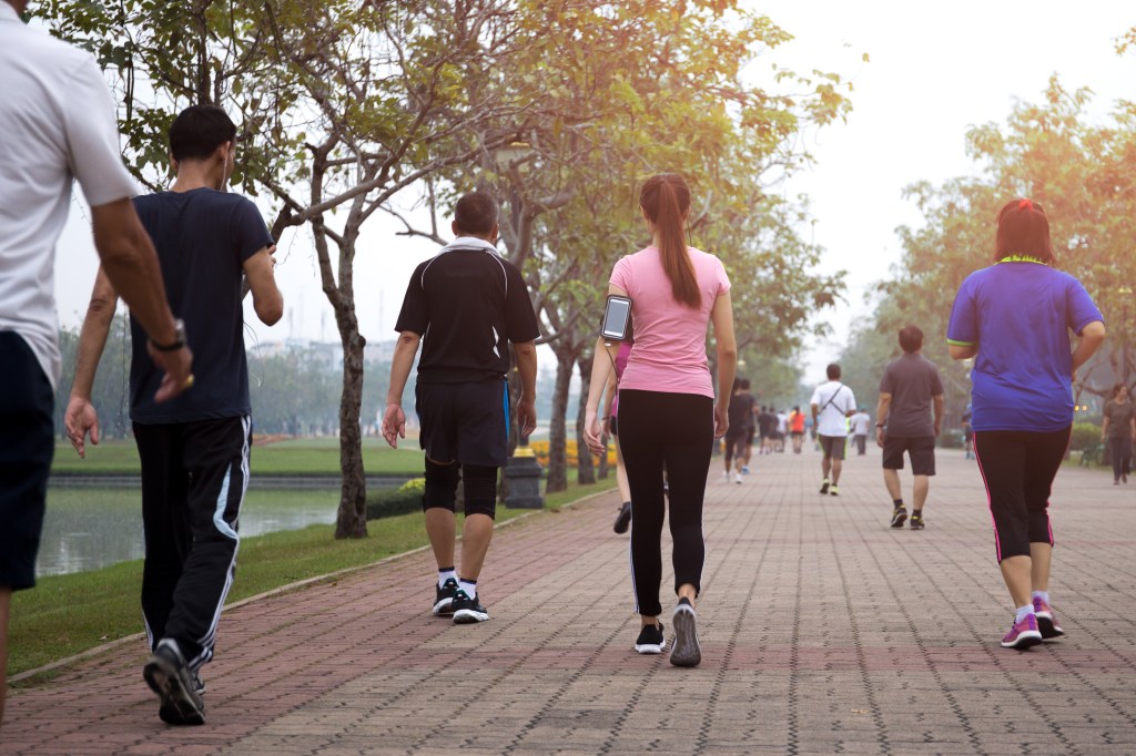 A group of people exercise walking in a park in the morning.