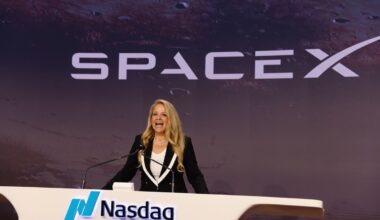 Gwynne Shotwell, president of Space Exploration Technologies Corp. (SpaceX), during the company's initial public offering (IPO) at the Nasdaq MarketSite in New York