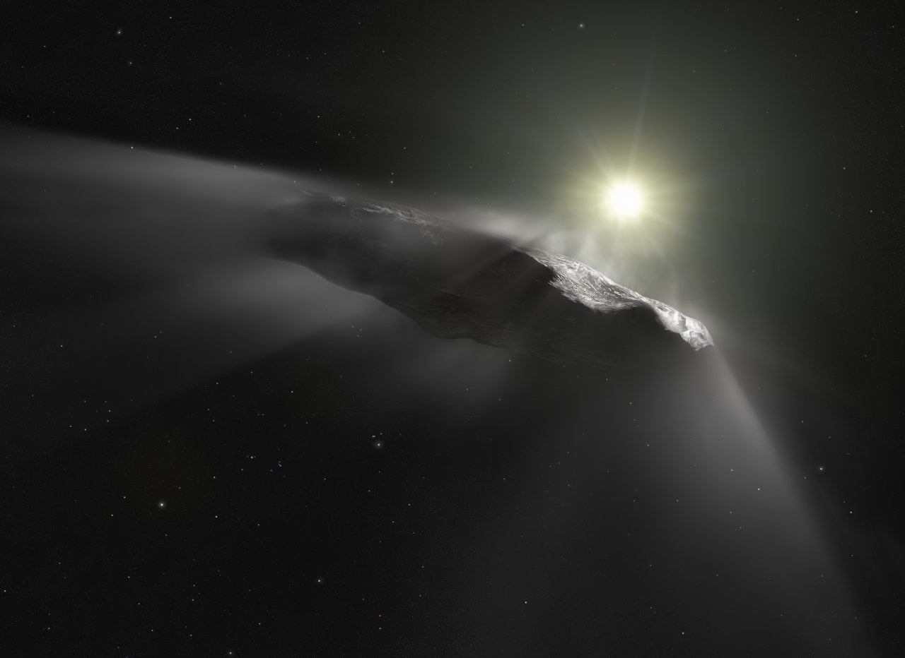Artist's depiction of interstellar object 1I/'Oumuamua. Credit - ESA/Hubble, NASA, ESO, M. Kornmesser
