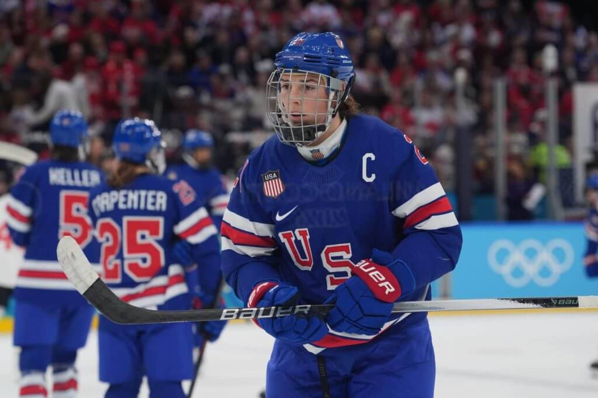 Hilary Knight of the United States on the ice on Feb. 19, 2026, in the women's ice hockey gold medal game against Canada during the 2026 Olympic Winter Games at Milano Santagiulia Ice Hockey Arena.