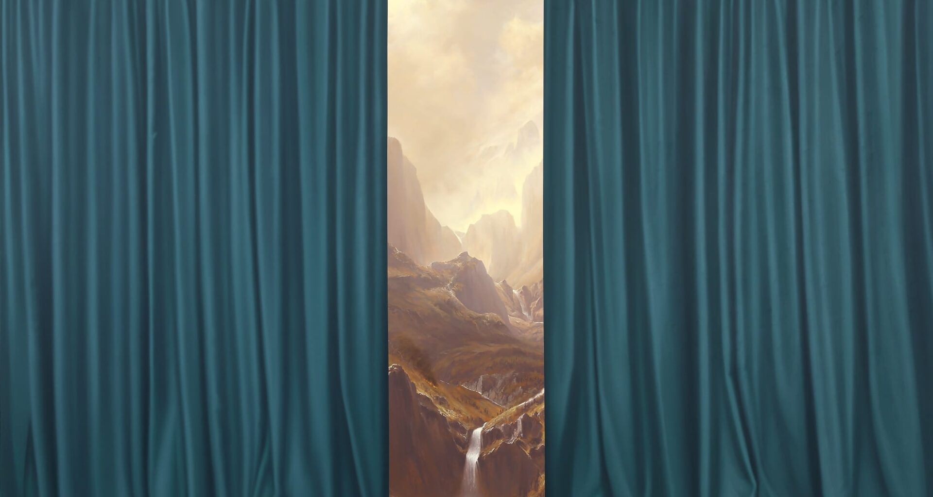 a painting by Shawn Huckins of curtains opening to reveal a landscape