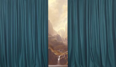 a painting by Shawn Huckins of curtains opening to reveal a landscape