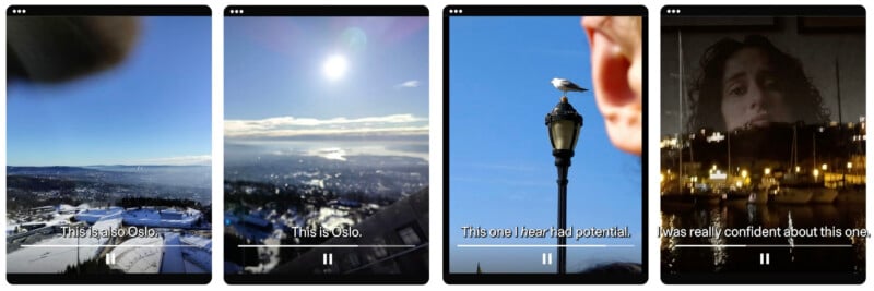 Four smartphone screens show photos of Oslo: a snowy landscape, a bright cityscape, a seagull perched on a lamp post near a person's ear, and a woman’s face overlaying a nighttime city. Captions read, “This is also Oslo.”, “This is Oslo.”, “This one I hear had potential.”, and “I was really confident about this one.”.