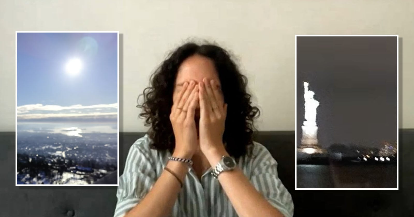 A person with curly hair covers their face with both hands while sitting on a couch. On either side are inset images: a bright sun over a snowy landscape on the left and a blurry night view of the Statue of Liberty on the right.