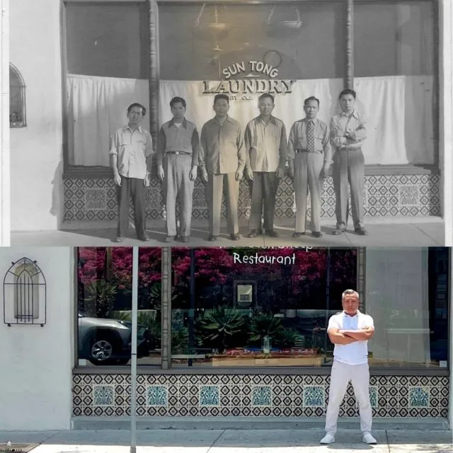 A black-and-white photo of six men in front of Sun Tong Laundry is superimposed above a modern color photo of one man standing in the same location, now a restaurant.