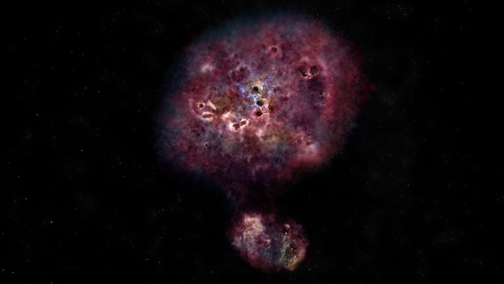 This is MAMBO-9, a pair of dusty star forming galaxies (DSFGs) in the process of merging. These types of galaxies are highly efficient at star formation, and they could help explain one of the early Universe's mysteries: massive quiescents (MQs). MQs are massive galaxies in the early Universe that have become quenched, and astronomers aren't sure why. New research uncovers a link between MQs and DSFGs, and how mergers provides an explanation. Image Credit: NRAO / AUI / NSF / B. Saxton.