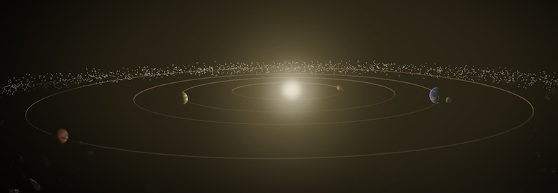 Illustrated view of inner solar system, with orbits of Mercury, Venus, Earth and Mars.