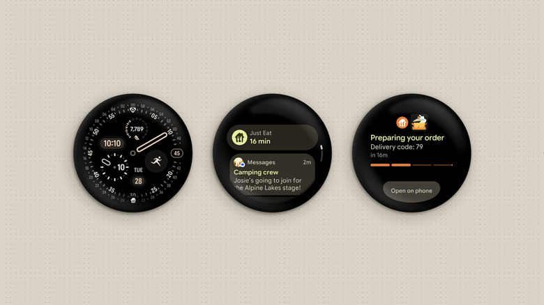 Wear OS 7 watch faces showing live updates for a food delivery order