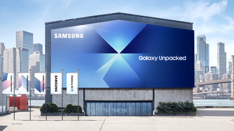 Graphic showing the outside of an arena with Samsung Galaxy Unpacked signage