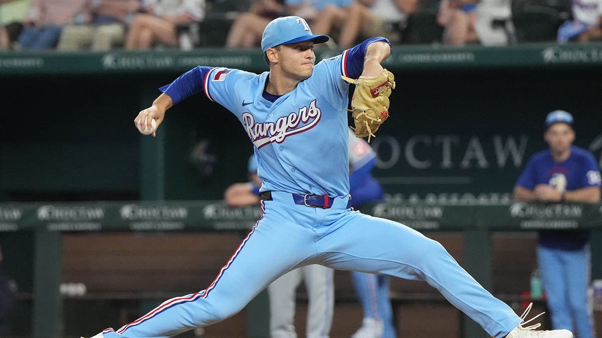 Texas Rangers pitcher Jack Leiter pitching during a game at Globe Life Field