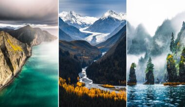 A collage of three landscapes: a rugged coastline with turquoise water, a river winding through autumn forests and snowy mountains, and misty forested rock formations rising from blue-green water.
