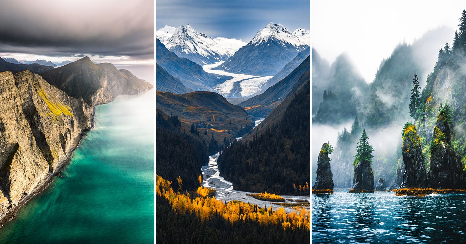 A collage of three landscapes: a rugged coastline with turquoise water, a river winding through autumn forests and snowy mountains, and misty forested rock formations rising from blue-green water.