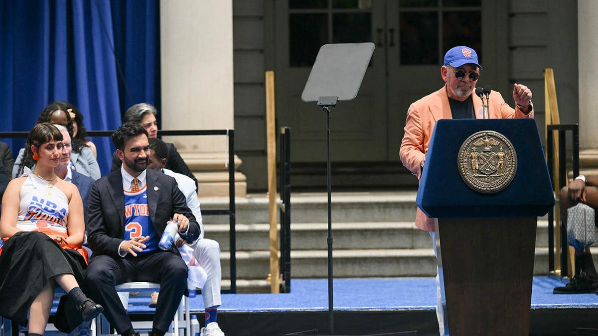New York Knicks owner James Dolan speaking at City Hall Plaza during championship celebration