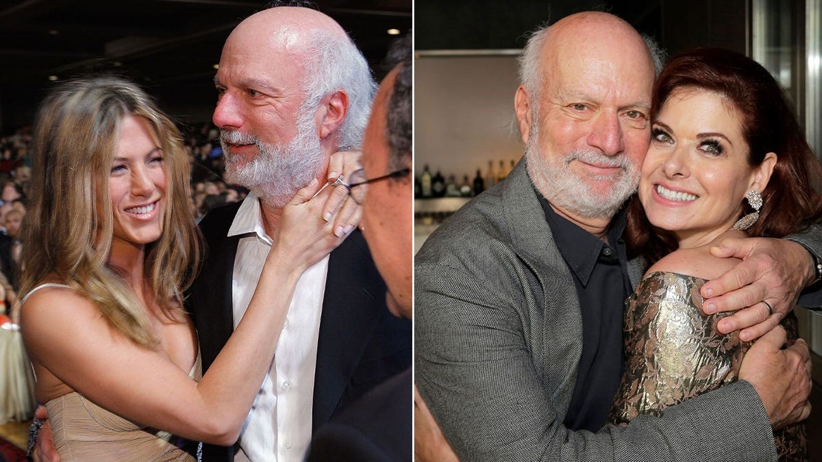 Jennifer Aniston and Debra Messing posing with James Burrows in a split images.