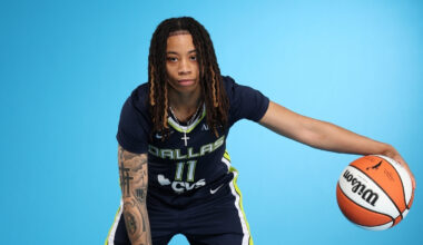 Dallas Wings guard JJ Quinerly posing for a portrait during 2026 WNBA Media Day at College Park Center.
