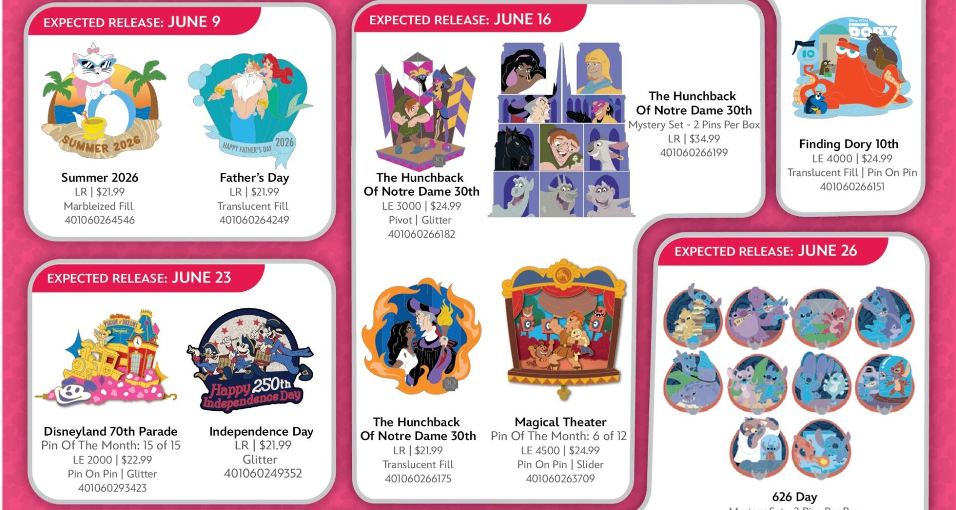 'Atlantis,' 'Kingdom Hearts,' Walt's Magical Moments, 'Hunchback,' Stitch, and More Pins Coming to Disneyland Resort in June