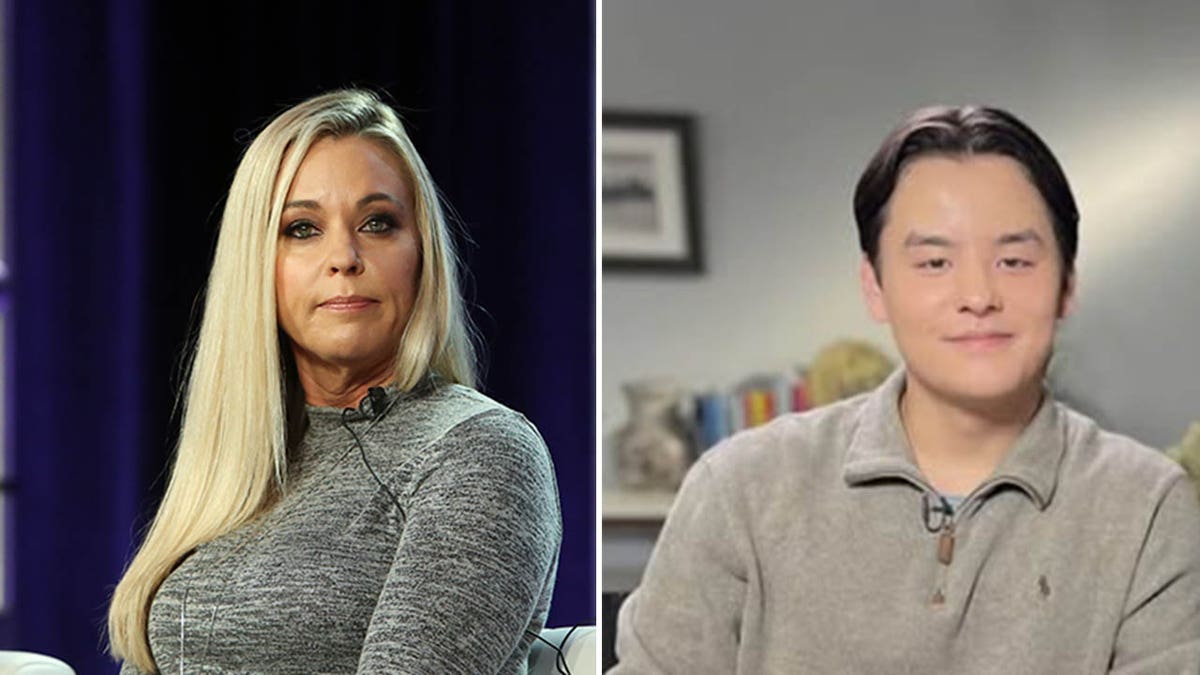 Kate Gosselin standing and Collin Gosselin seated in separate images
