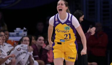 Los Angeles Sparks guard Kate Martin (21) reacts after a three-point basket during the first half against the Toronto Tempo at Crypto.com Arena.