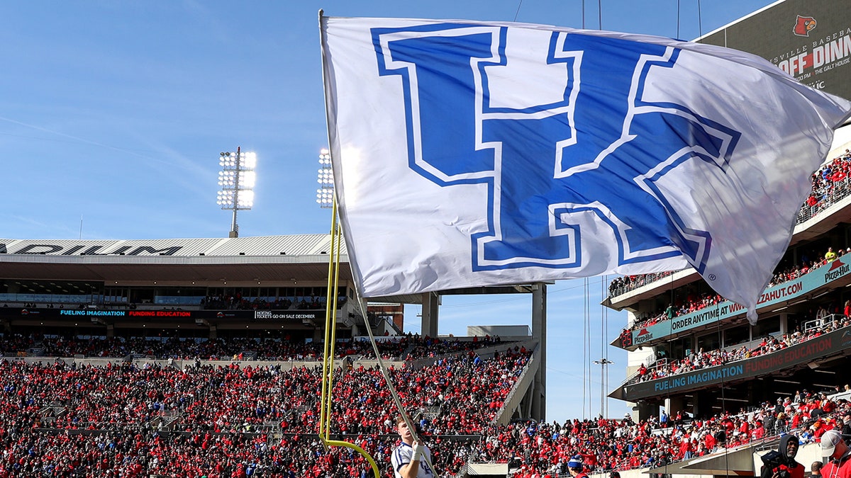 A Kentucky Wildcats flag waving at L&N Federal Credit Union Stadium in Louisville, Kentucky.