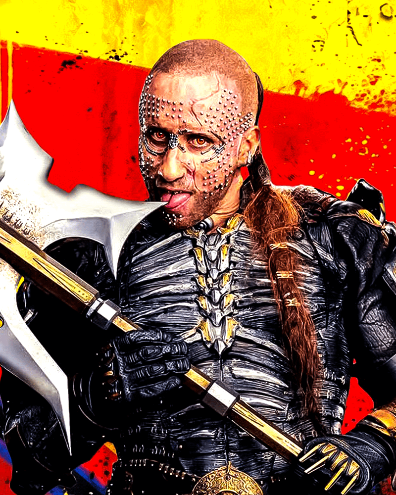 Close-up of poster of Matthias Schoenaerts as Krem of the Yellow Hills licking an axe in 'Supergirl.'