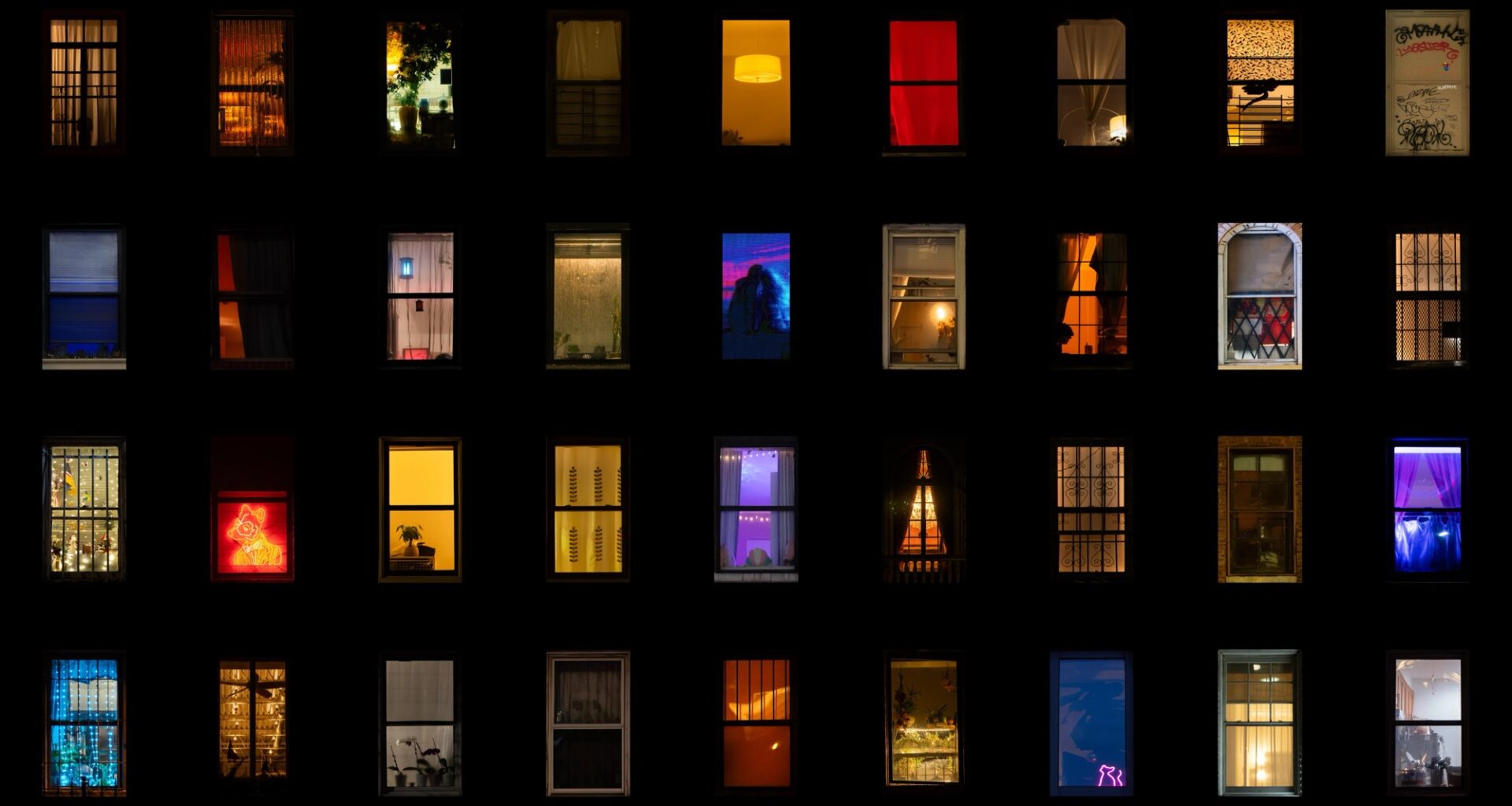 a composite grid of nighttime photographs of windows in New York City
