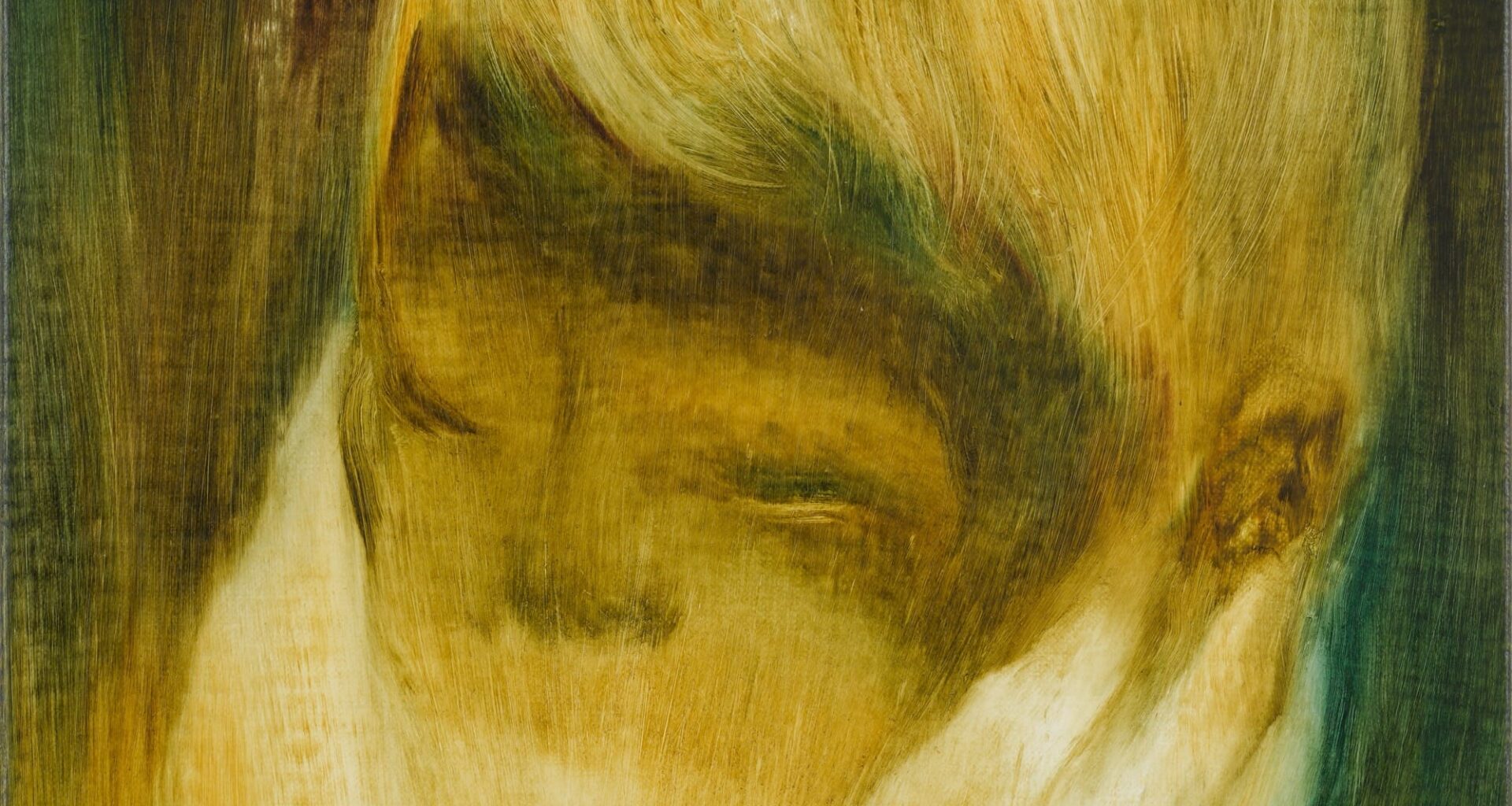 a brushy oil painting with a yellow tone of a figure with hands around their face