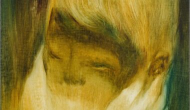 a brushy oil painting with a yellow tone of a figure with hands around their face