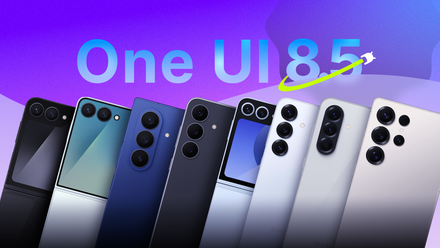 Lineup of Samsung Galaxy phones, including Fold, Flip, and S-series models, arranged under the text 'One UI 8.5' on a purple gradient background.