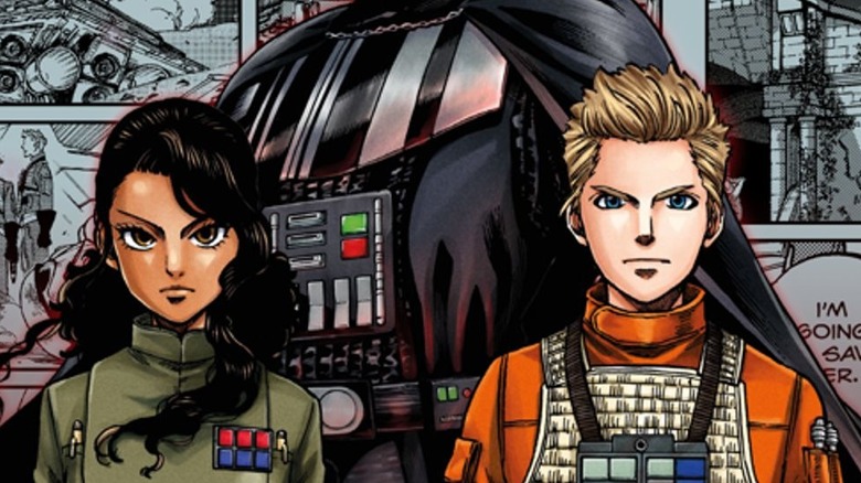 Thane Kyrell and Ciena Ree with Darth Vader in the background on the cover for the Star Wars: Lost Stars manga