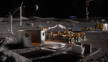 Artist concept of a moon base with various technologies.