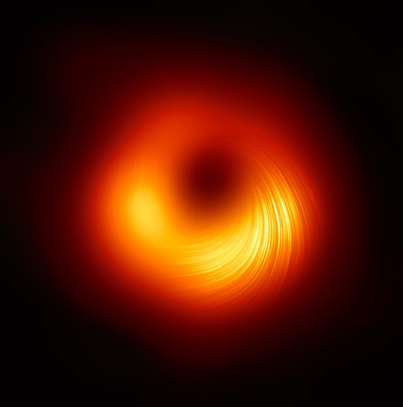 Polarised emission of the black hole at the heart of M87. The lines mark the orientation of polarisation, which is related to the magnetic field around the shadow of the black hole (Credit : EHT Collaboration)