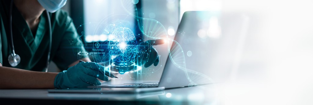 Illustration of a doctor touching a laptop showing a holographic brain, DNA helix, and "Neurology" text.