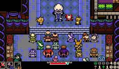 Pixel sprite characters talk in a mansion.