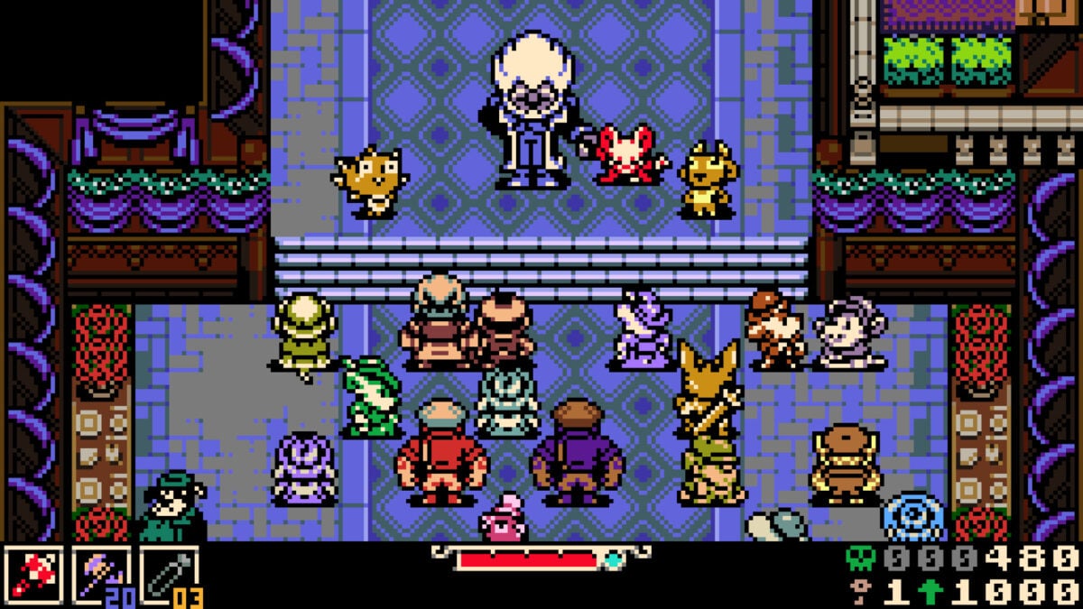 Pixel sprite characters talk in a mansion.