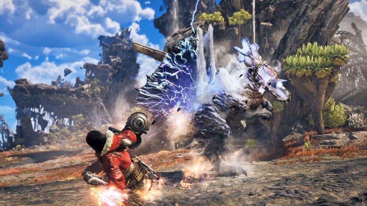 A hunter fires a cannon at a monster.