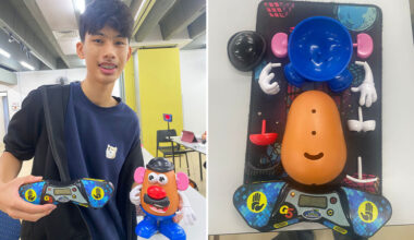 split image of Calen holding solved Mr. Potato Head and it lying disassembled
