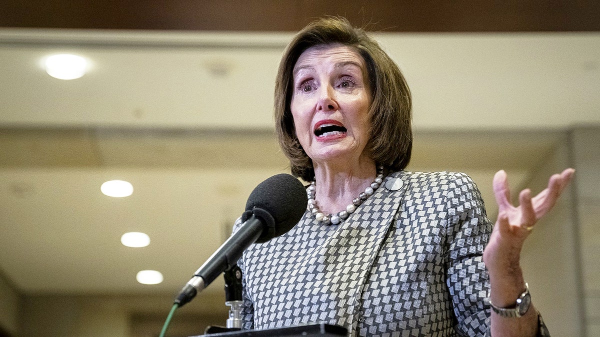 Rep. Nancy Pelosi speaking to media after classified TikTok briefing at US Capitol in Washington, D.C.