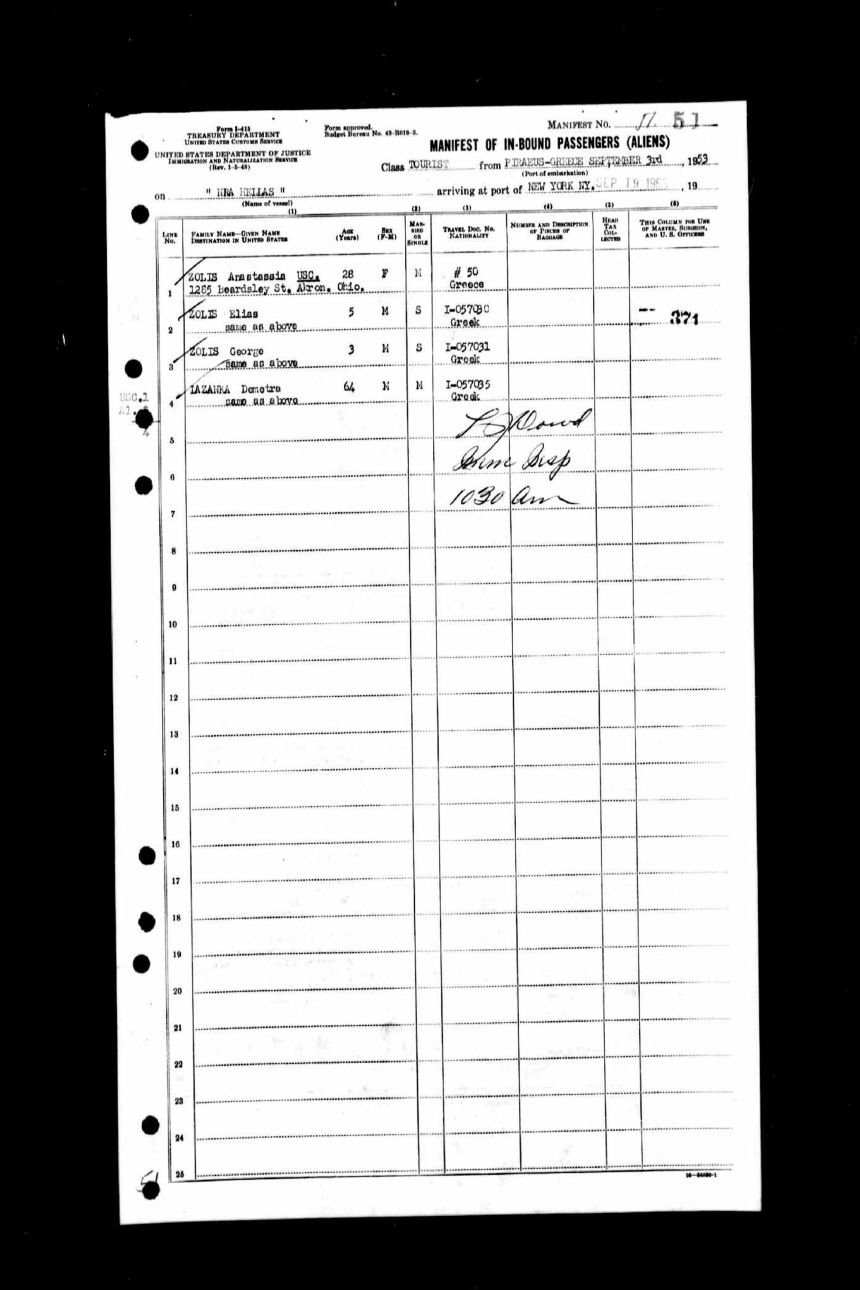 Passenger manifest of George Zoley and family members’ journey to America from Greece in 1953.
